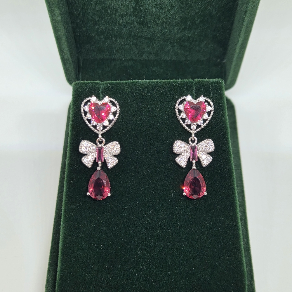 Chic Pink Heart and Bow Drop Earrings